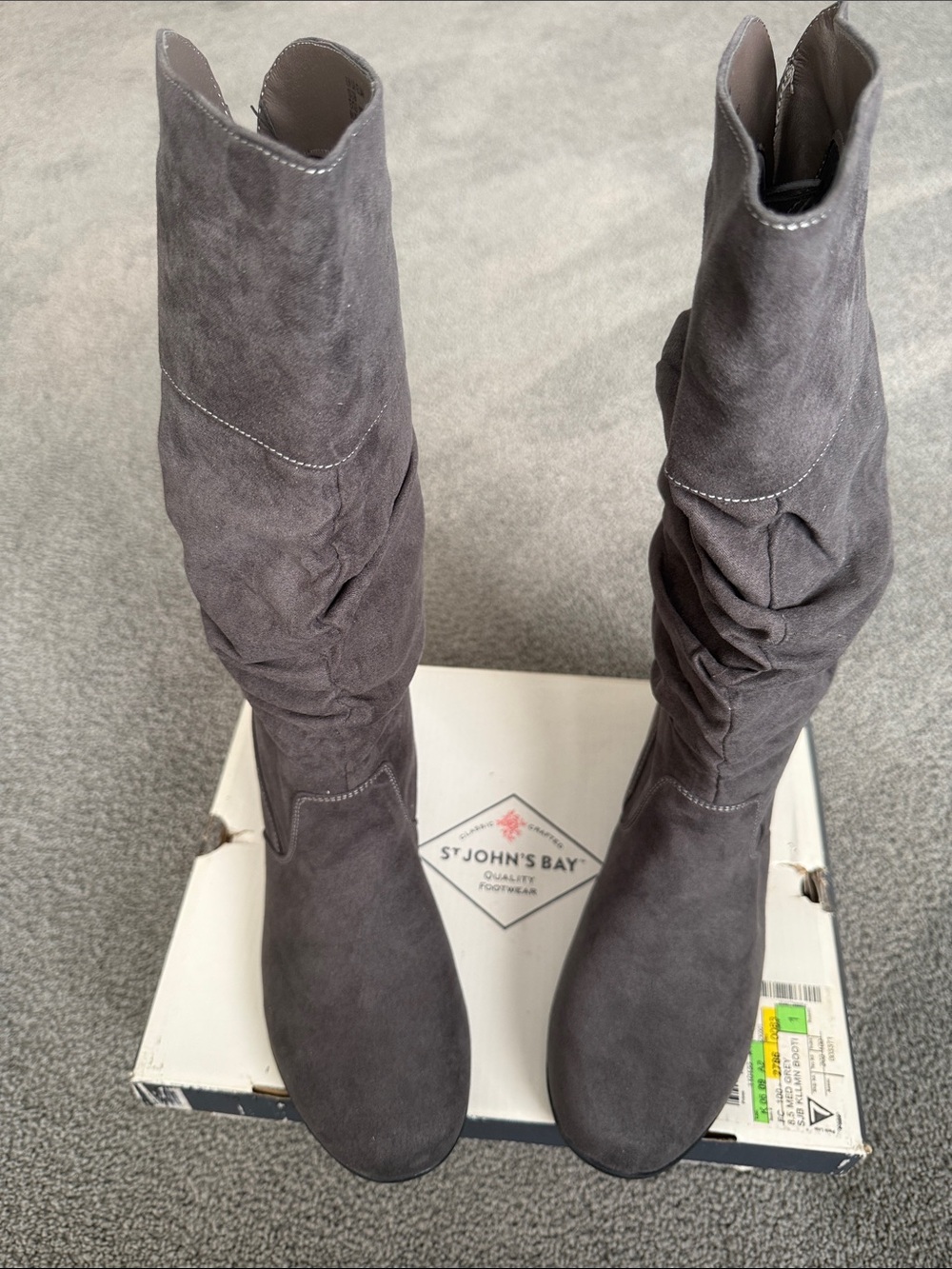 St. John's Bay “Kellman” Grey Suede-Textile 14” High Slouch Boots. Size 8.5 M